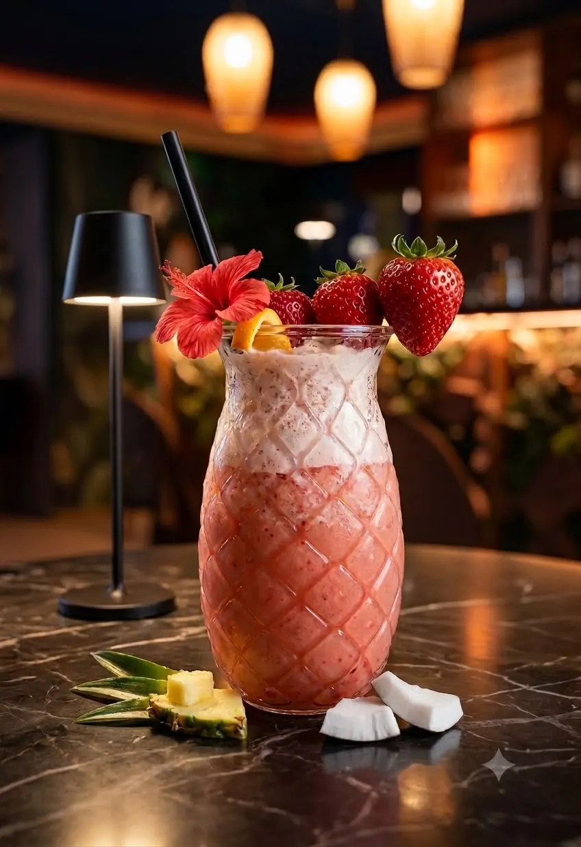 Strawberry Piña Colada with fresh strawberries and a red hibiscus flower in a textured glass at Jungle cocktail bar Radolfzell at Lake Constance
