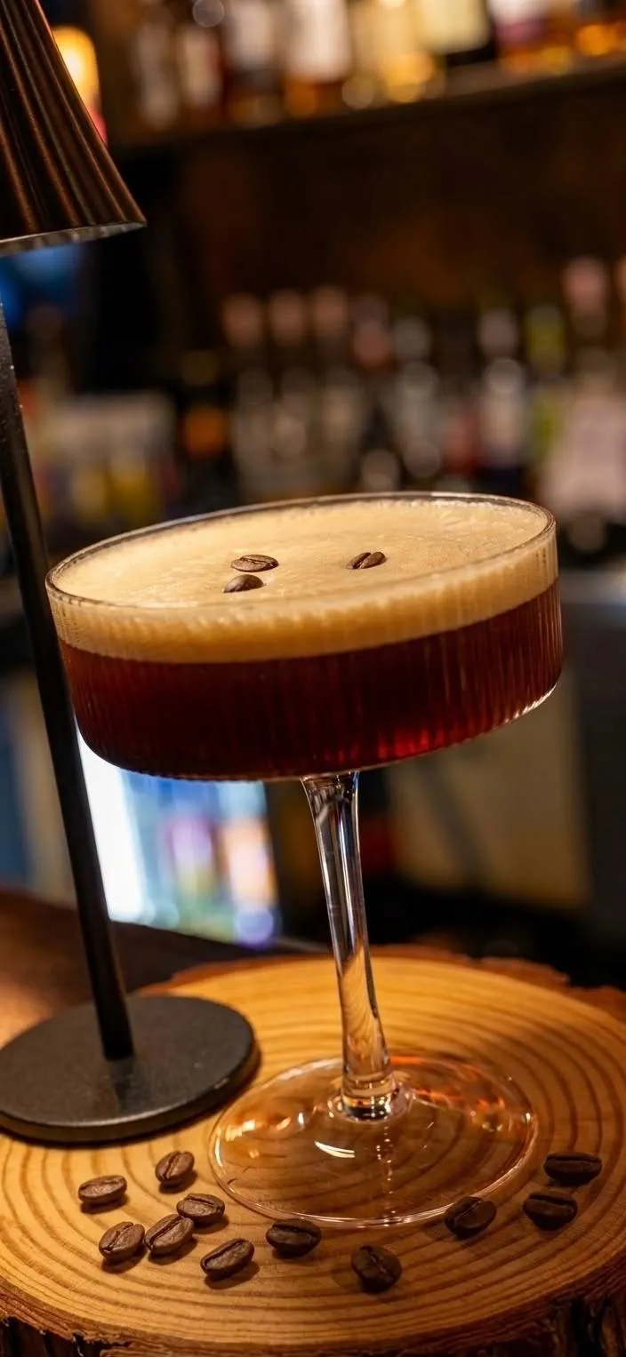 Espresso Martini with creamy foam and three coffee beans in a glass at the bar of Jungle cocktail bar Radolfzell