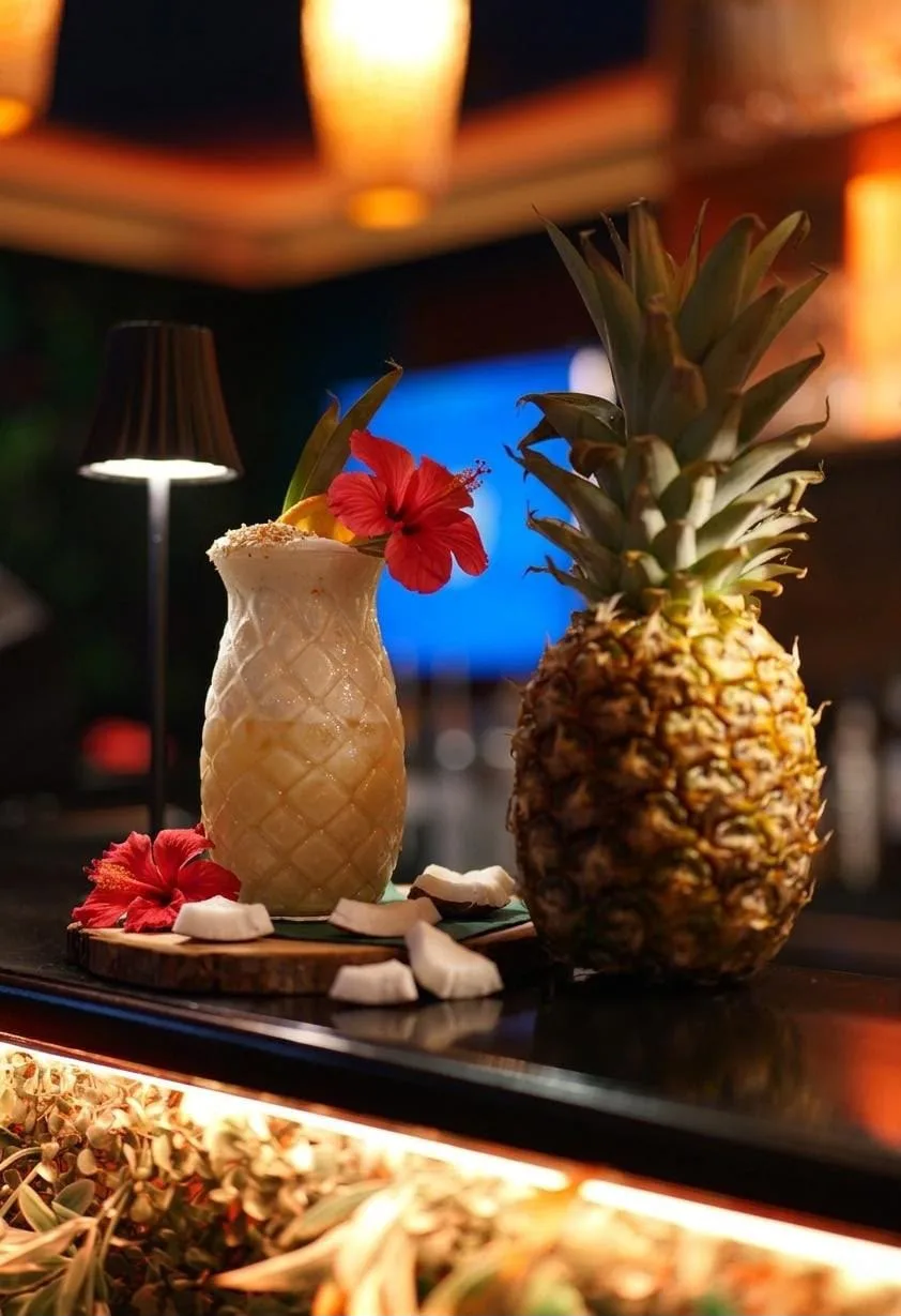 Creamy Piña Colada with a red hibiscus flower in a textured glass at the bar of Jungle cocktail bar at Lake Constance